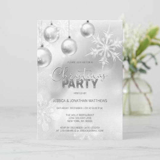 クリスマスパーティー冬の雪の結晶シルバー 招待状 (スタンド正面)