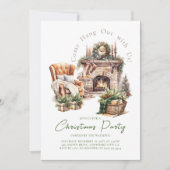 クリスマスパーティー居心地の良い水彩暖炉 招待状 (正面)
