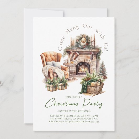 クリスマスパーティー居心地の良い水彩暖炉 招待状 (正面)