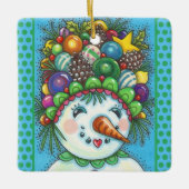 クリスマスパーティー帽の可愛い雪カラフル少女 セラミックオーナメント (正面)