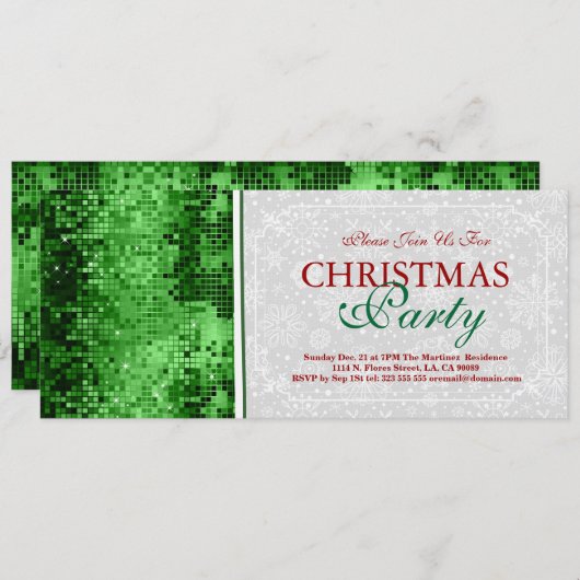クリスマスパーティー招待状グリーンディスコグリッター 招待状 (正面/裏面)
