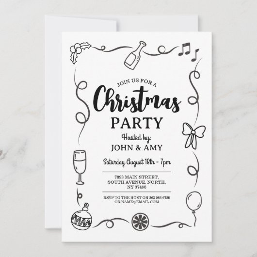 クリスマスパーティー招待状手描きモノクロ 招待状 (正面)