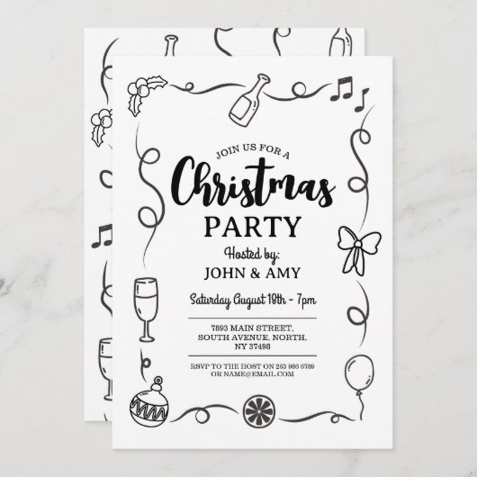 クリスマスパーティー招待状手描きモノクロ 招待状 (正面/裏面)