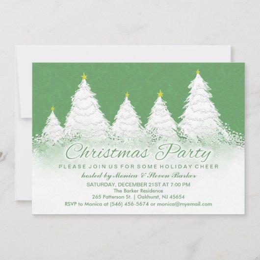 クリスマスパーティー招待状 – 緑と白い木 招待状 (正面)
