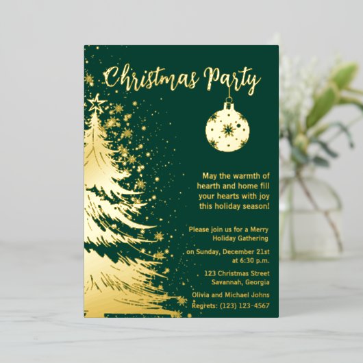 クリスマスパーティー招待状 緑と金 箔シーズンカード (立ち正面)