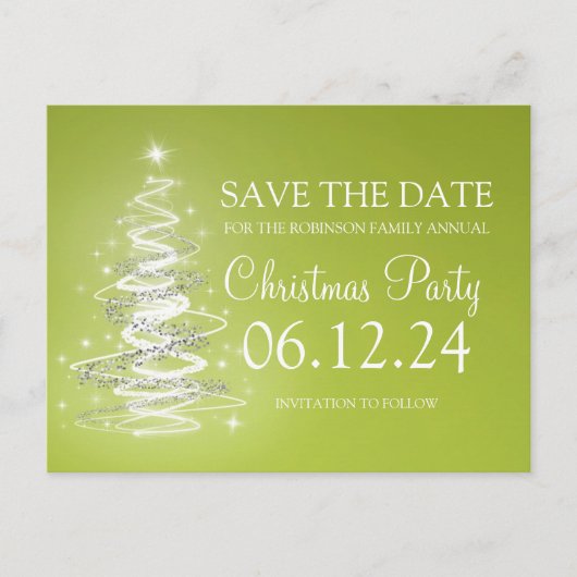 クリスマスパーティー日付のツリーきらめくグリーンを保存 案内ポストカード (正面)