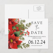 クリスマスパーティー日付を保存するポインセチア 案内ポストカード (正面/裏面)