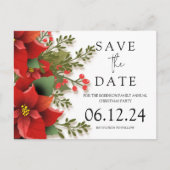 クリスマスパーティー日付を保存するポインセチア 案内ポストカード (正面)
