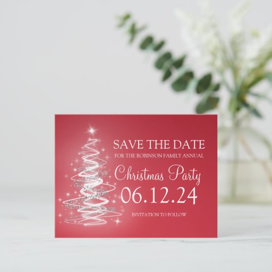 クリスマスパーティー日付ツリーきらめく赤を保存 案内ポストカード (スタンド正面)