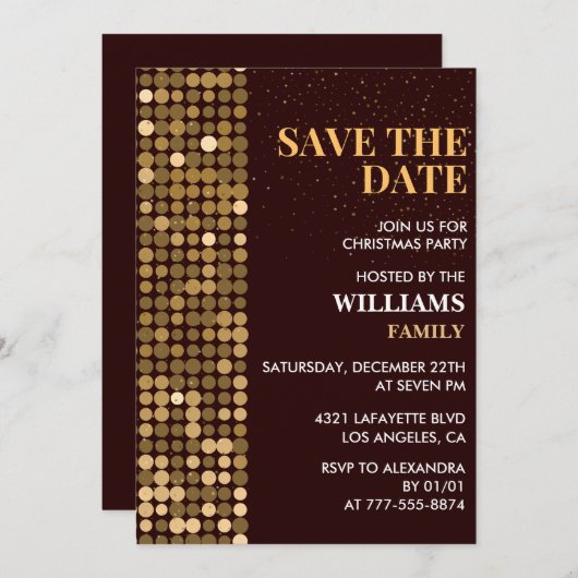 クリスマスパーティー日付金ゴールドの保存 招待状 (正面/裏面)