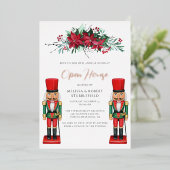 クリスマスパーティー植物玩具くるみ割りバラ金ゴールド 箔招待状 (立ち正面)