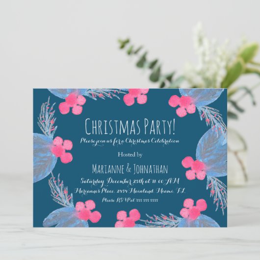 クリスマスパーティー水彩ピアノセティアズベリーブルー 招待状 (スタンド正面)