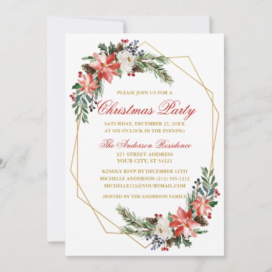 クリスマスパーティー水彩ポインセチア金ゴールド赤 招待状 (正面)