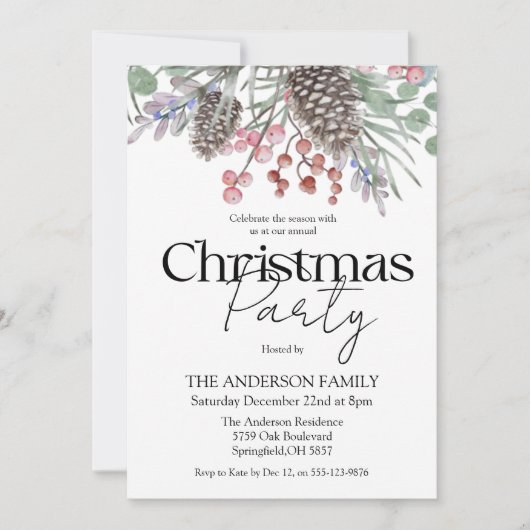 クリスマスパーティー水彩植物学 招待状 (正面)
