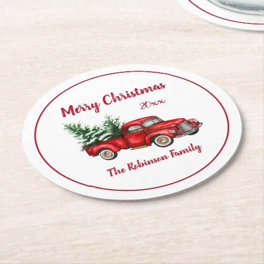 クリスマスパーティー水色ヴィンテージレッドトラック ラウンドペーパーコースター (アングル)