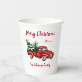 クリスマスパーティー水色ヴィンテージレッドトラック 紙コップ (正面)