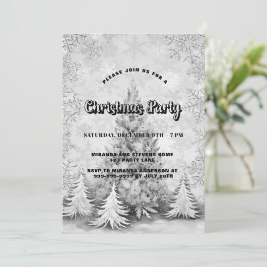 クリスマスパーティー白い銀色の木の雪片 招待状 (スタンド正面)