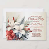 クリスマスパーティー紅白の花の休日エレガント 招待状 (正面)