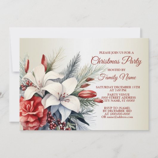 クリスマスパーティー紅白の花の休日エレガント 招待状 (正面)