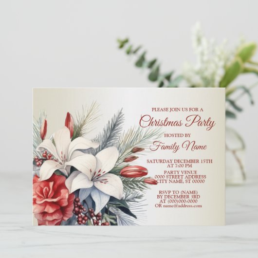 クリスマスパーティー紅白の花の休日エレガント 招待状 (スタンド正面)