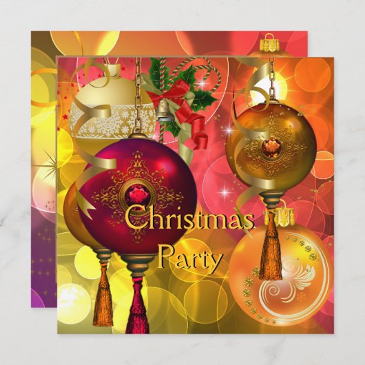 クリスマスパーティー金ゴールドイエローグリーンレッドクリスマス 招待状 (正面/裏面)