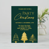 クリスマスパーティー金ゴールドグリーンツリーモダン 箔招待状 (立ち正面)