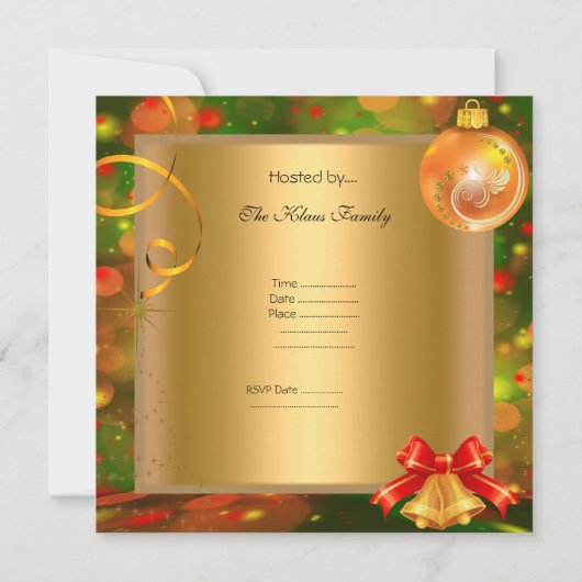 クリスマスパーティー金ゴールドグリーンレッドクリスマスデコレーション 招待状 (裏面)
