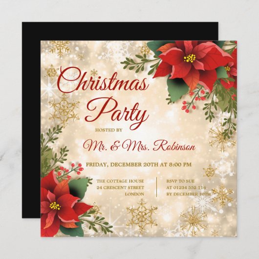 クリスマスパーティー金ゴールドスパークルレッドポインセチア 招待状 (正面/裏面)