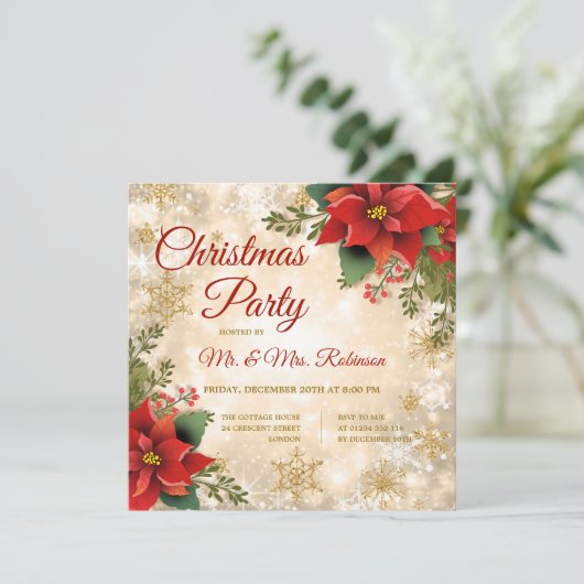 クリスマスパーティー金ゴールドスパークルレッドポインセチア 招待状 (スタンド正面)