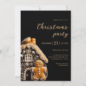 クリスマスパーティー金ゴールドブラックジンジャーブレッドホリデー 招待状 (正面)