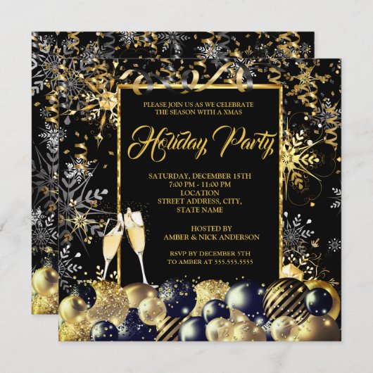 クリスマスパーティー金ゴールドブラックスノーフレークスホリデー 招待状 (正面/裏面)