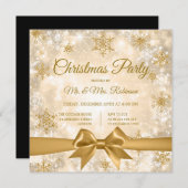 クリスマスパーティー金ゴールド冬のスパークルリボン 招待状 (正面/裏面)