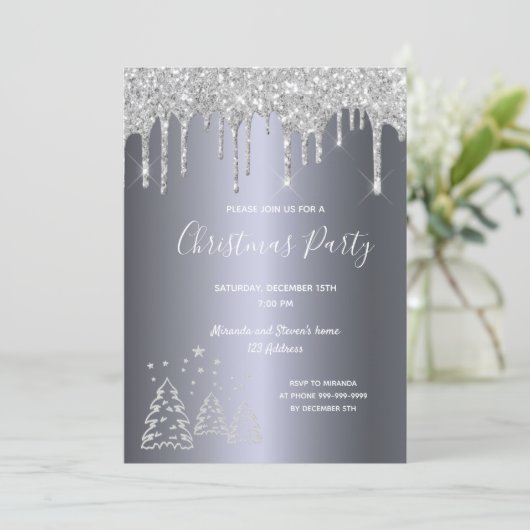 クリスマスパーティー銀グリッターは木の林を乾燥させる 招待状 (スタンド正面)