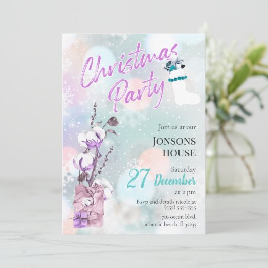 クリスマスパーティー降雪綿招待状 招待状 (スタンド正面)