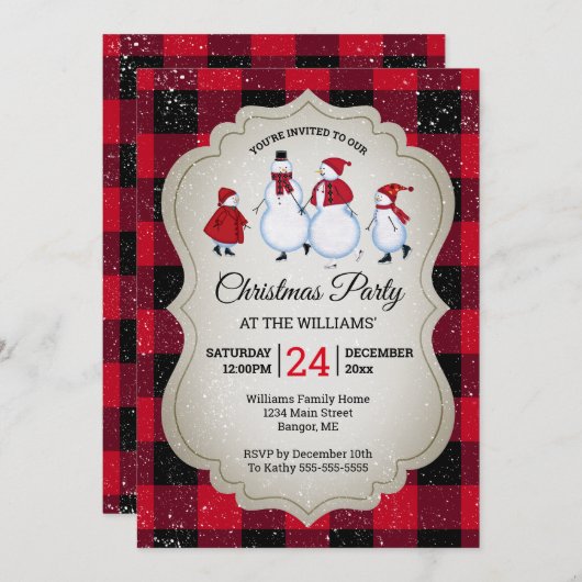 クリスマスパーティー雪だるまスケートで滑るバッファロープレイド 招待状 (正面/裏面)