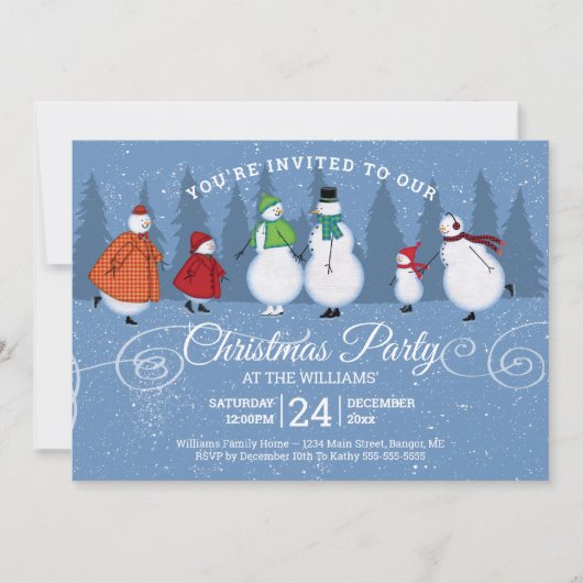クリスマスパーティー雪だるまスケートで滑るパインツリーズ 招待状 (正面)