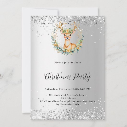 クリスマスパーティー鹿グリーンシルバー北欧 招待状 (正面)