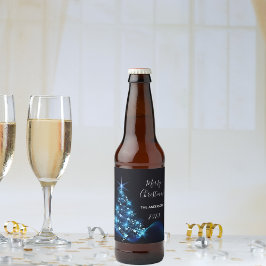 クリスマスパーティー黒モダン青輝く木 ビールラベル