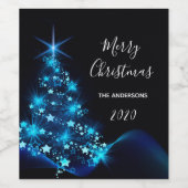 クリスマスパーティー黒モダン青輝く木 ワインラベル (シングルラベル)