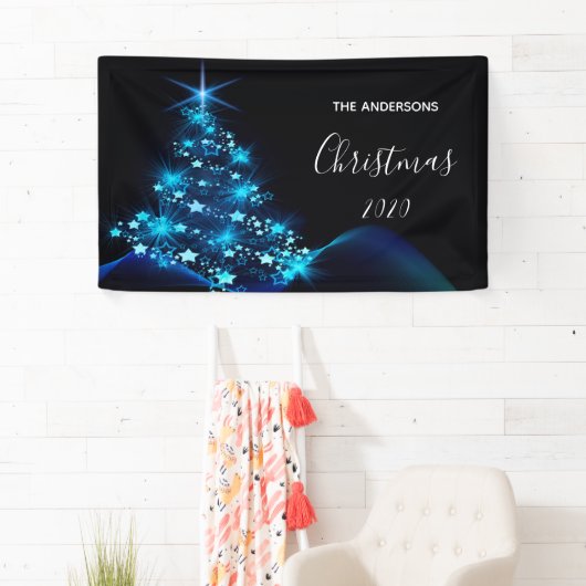クリスマスパーティー黒モダン青輝く木 横断幕 (インサイチュ)