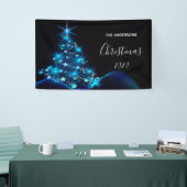 クリスマスパーティー黒モダン青輝く木 横断幕 (トレードショー)