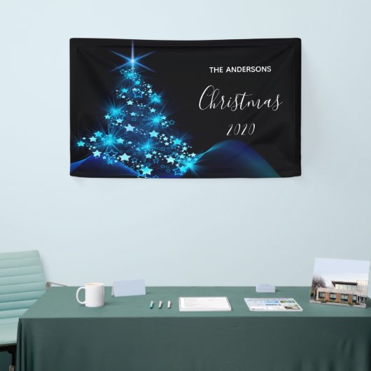 クリスマスパーティー黒モダン青輝く木 横断幕 (トレードショー)