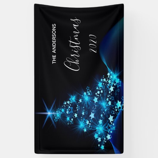 クリスマスパーティー黒モダン青輝く木 横断幕 (縦)