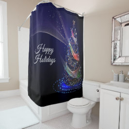 クリスマスパーティー カラフルツリー ネイビーブルー ラスティック シャワーカーテン