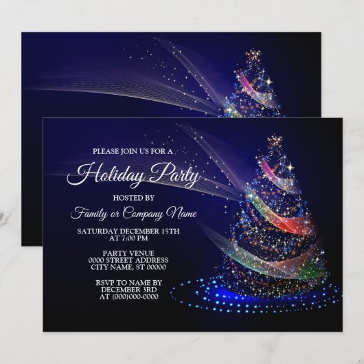 クリスマスパーティー カラフルツリー ネイビーブルー ラスティック 招待状 (正面/裏面)