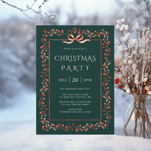 クリスマスパーティー グリーン 赤いウィンターベリーのフレーム 招待状