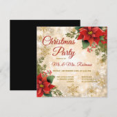 クリスマスパーティー ゴールドスパークル 赤いポインセチア 招待状 (正面/裏面)