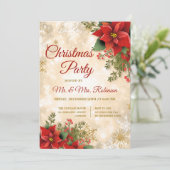 クリスマスパーティー ゴールドスパークル 赤いポインセチア 招待状 (スタンド正面)