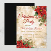 クリスマスパーティー ゴールドスパークル 赤いポインセチア 招待状 (正面/裏面)