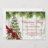 クリスマスパーティー | ツリー素朴と赤のリボン 招待状 (正面)